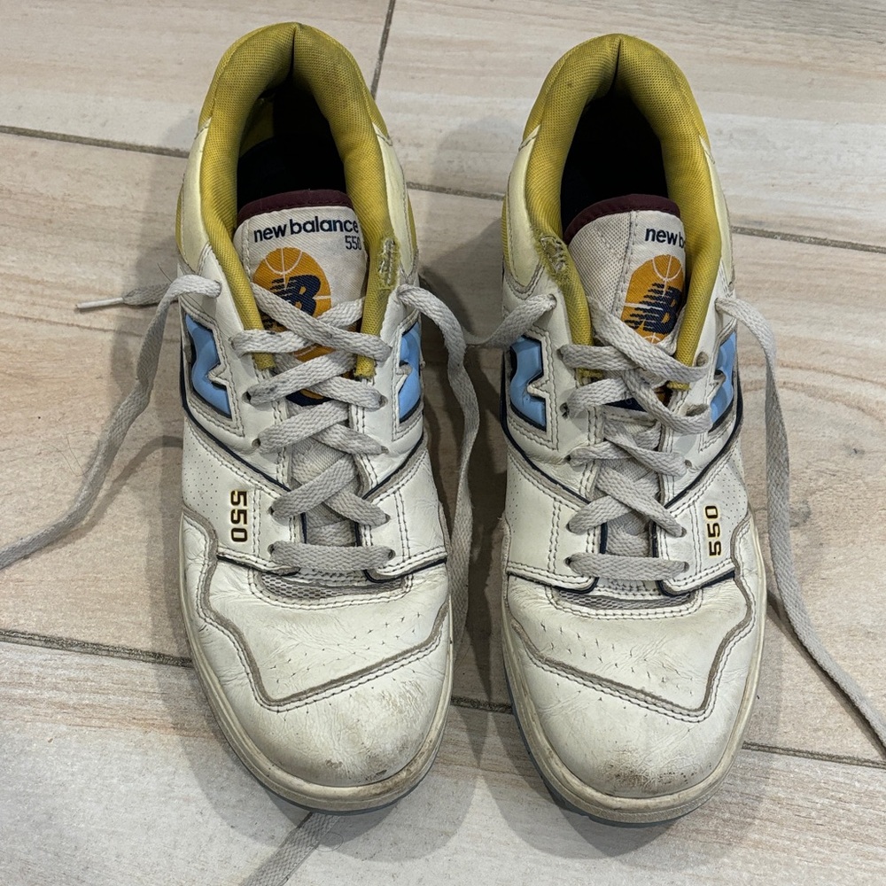 New Balance 550 White and Yellow Sneakers with Blue Accents size 8.5